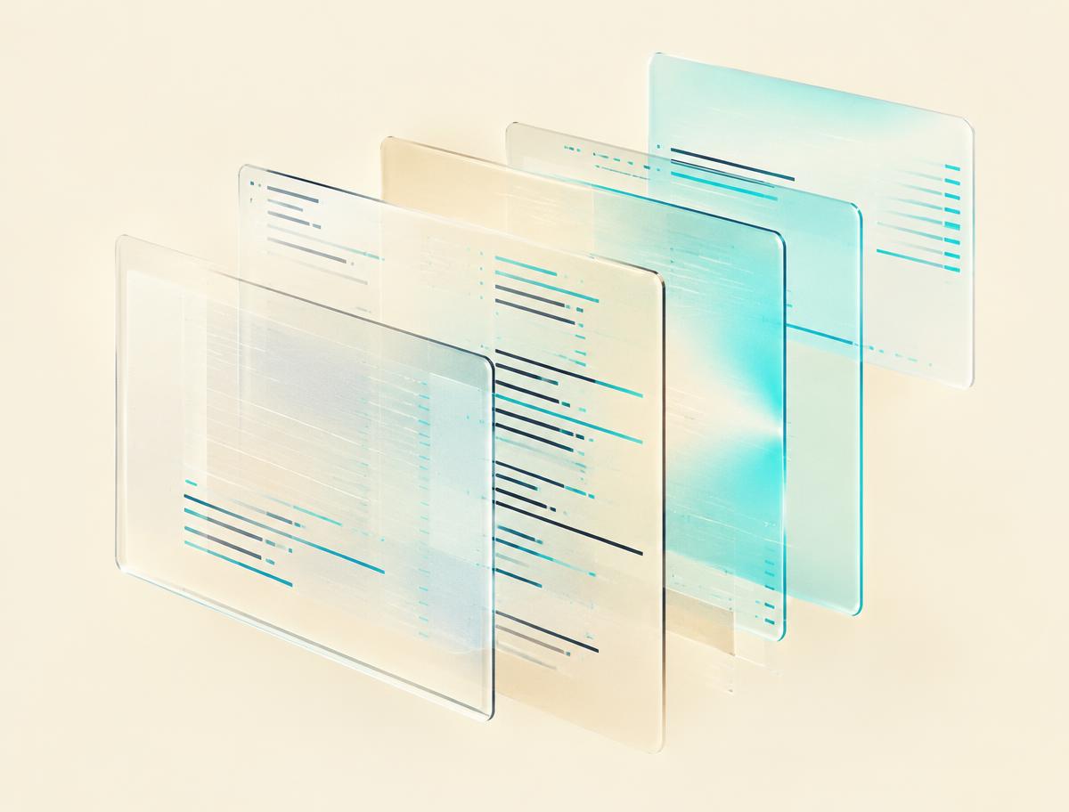 Layered translucent panels representing structured software architecture